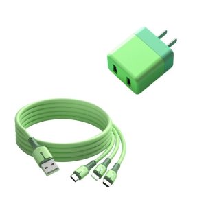 1-Meter Turbo Fast-Charging Charger with 3-Port Cord -  Lightning, Type-C, Micro USB - Lime Green
